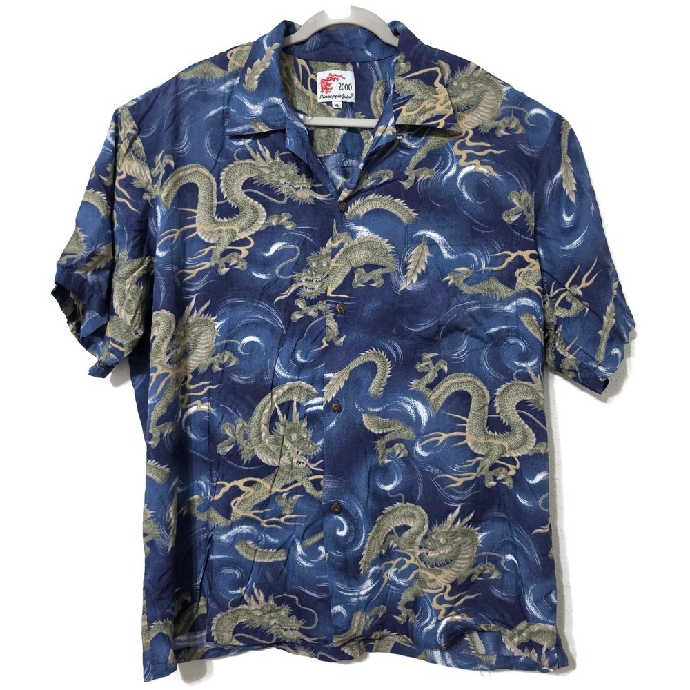 Pineapple Juice Shirt Mens XL Blue Dragon Hawaiian Short Sleeve Button Rayon USA